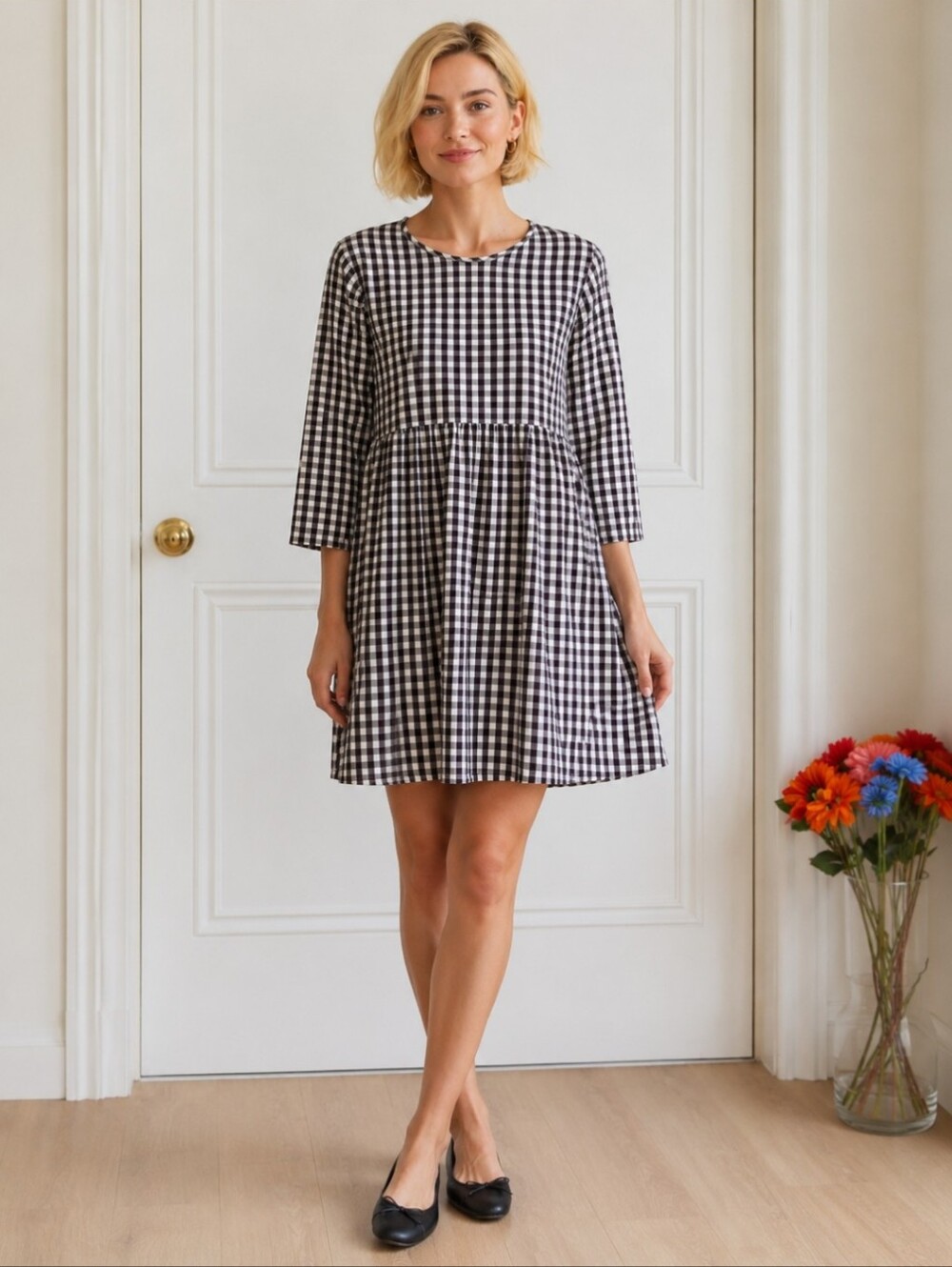 ASOS|  Black White Gingham Empire Waist Dress | Babydoll Mini
